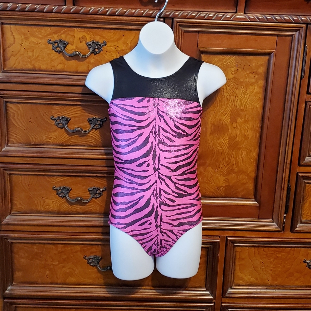 K-BEE LEOTARDS pink & black zebra striped tank leotard Girl's 8-9